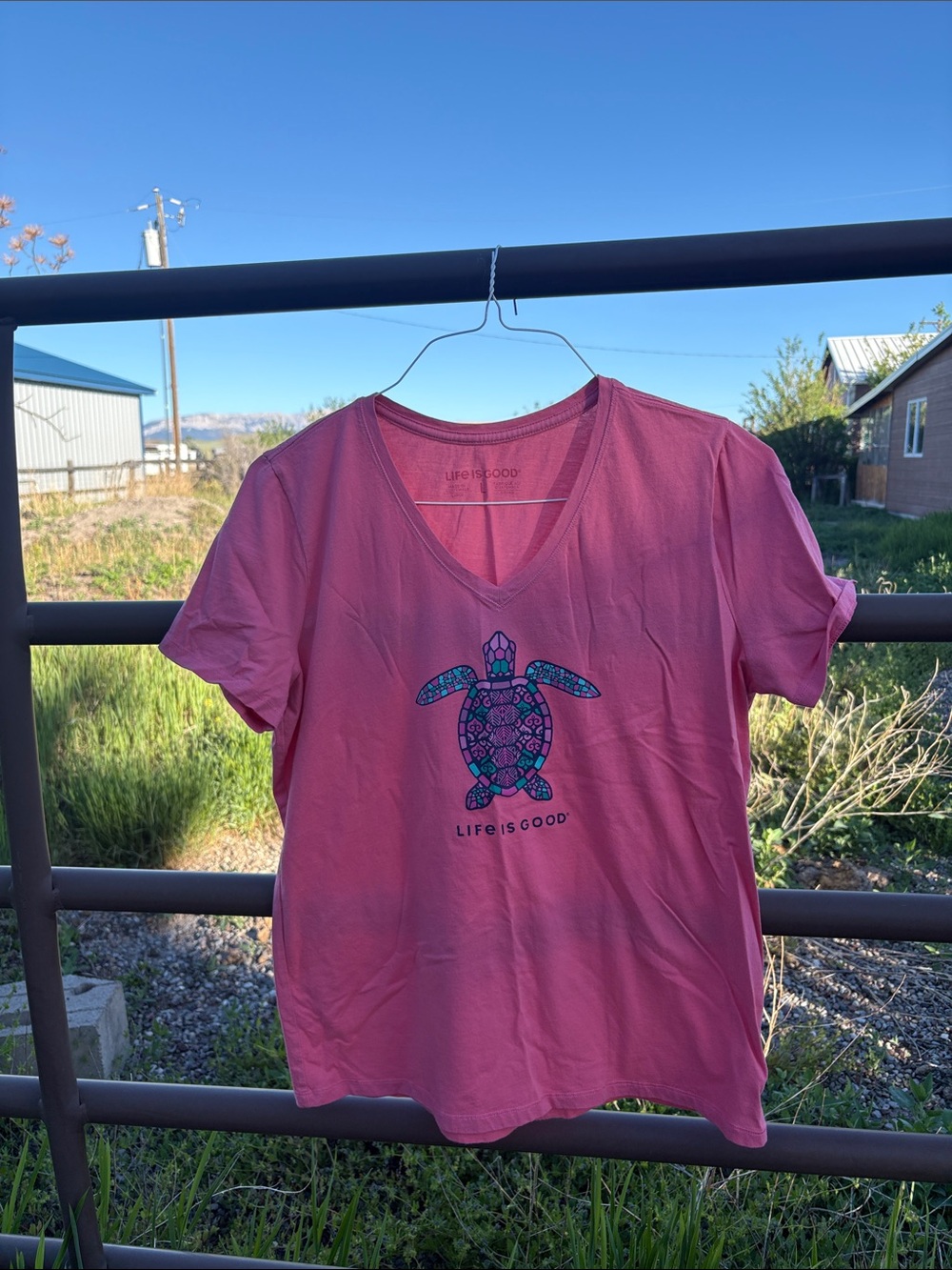 Life Is Good Pink V-Neck Tee with Turtle Motif